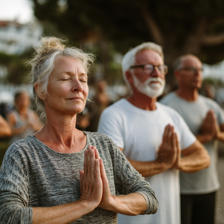 Група зрілих людей медитує в природному середовищі